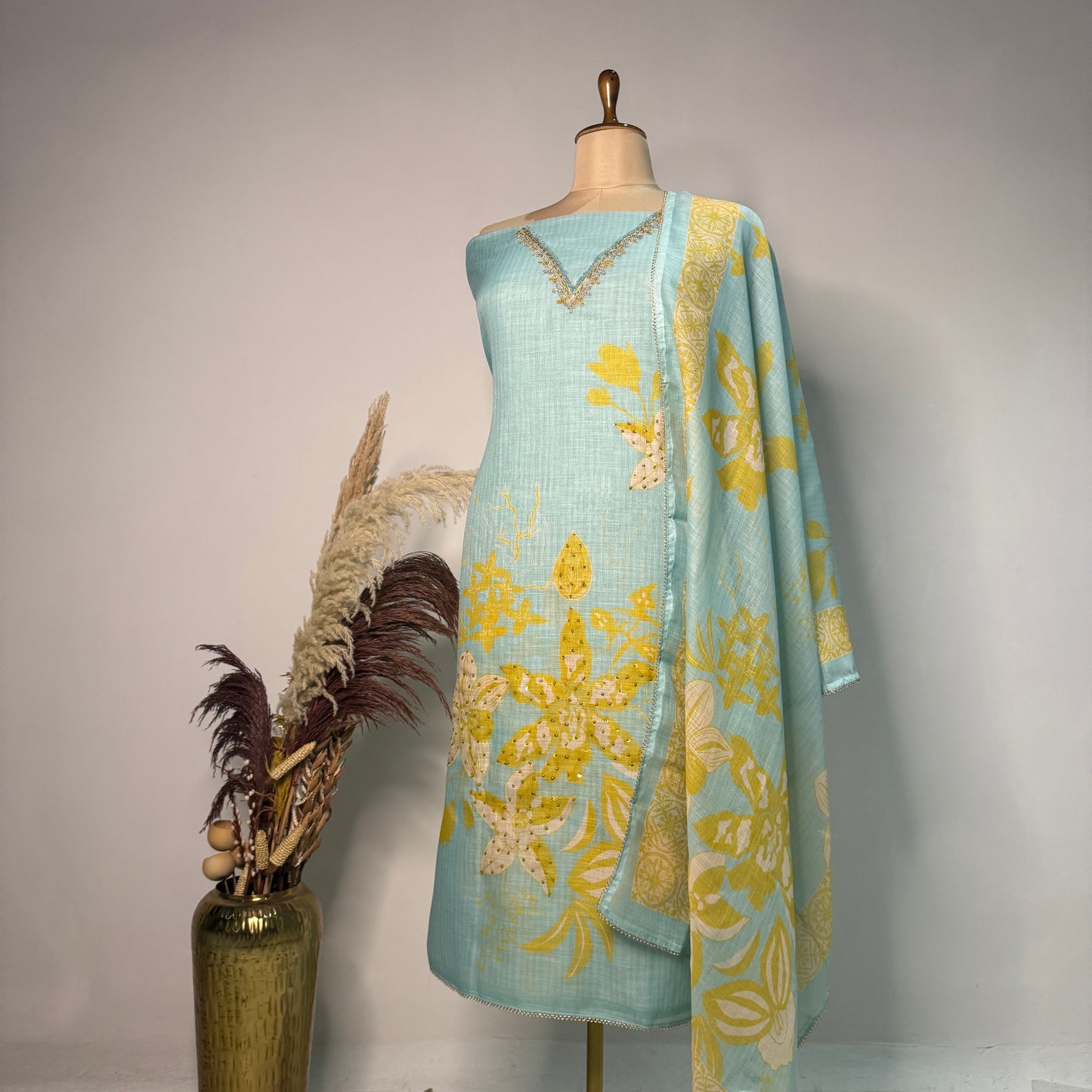 Blue Hand Embroidery and Digital Print Unstitched Suit