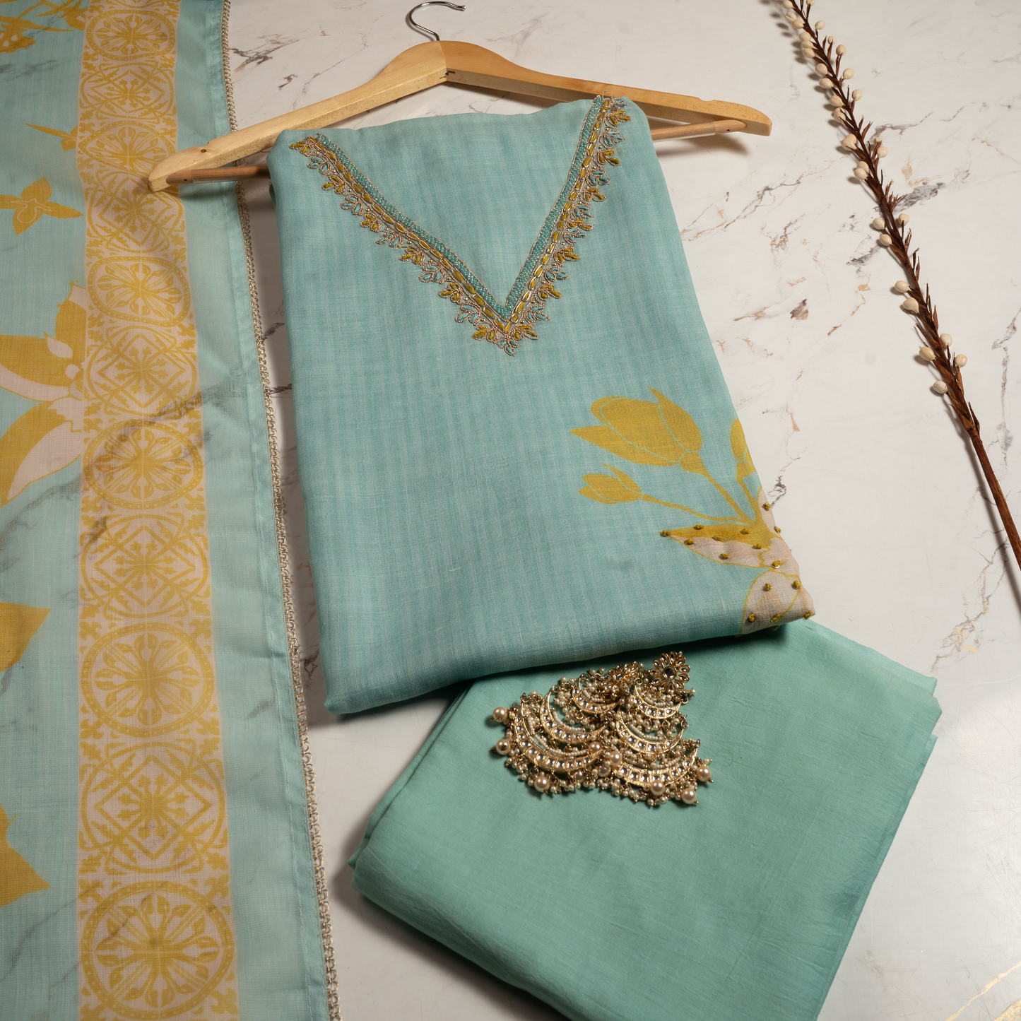 Blue Hand Embroidery and Digital Print Unstitched Suit