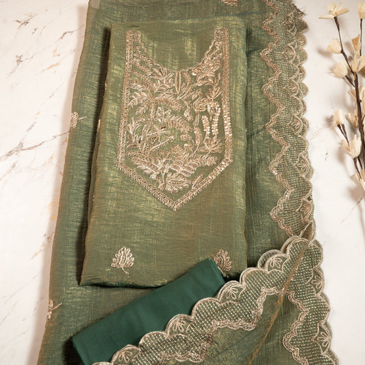 Olive Green Aari work Shimmer Tissue unstitched suit