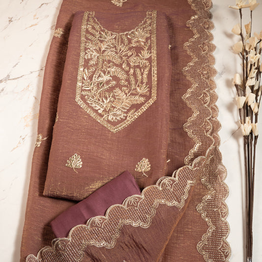 Mauve Aari work Shimmer Tissue unstitched suit