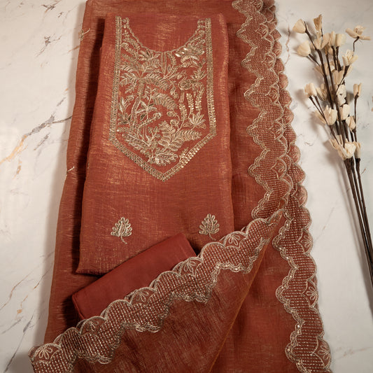 Orange Aari work Shimmer Tissue unstitched suit